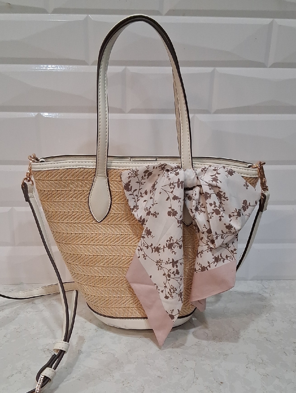 Anne Kline Woven Straw Tote Bag with Floral Scarf